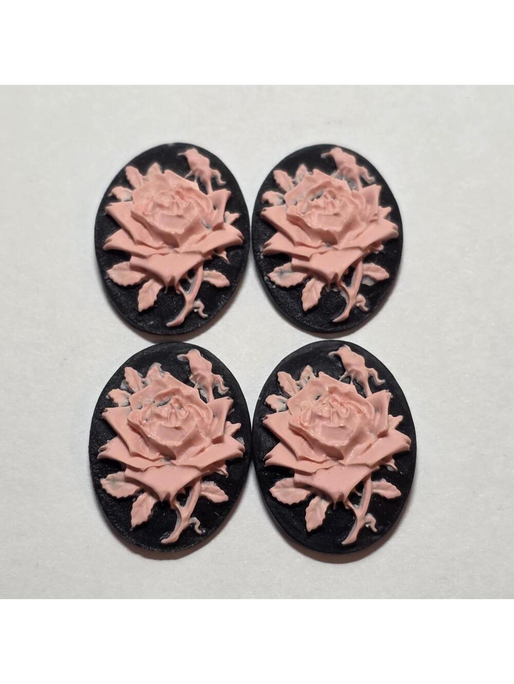 Lot of 4 Pink Rose Cameo Cabochons Black Oval Floral Resin EUC